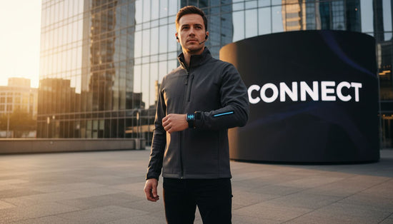 Modern tech apparel on city street