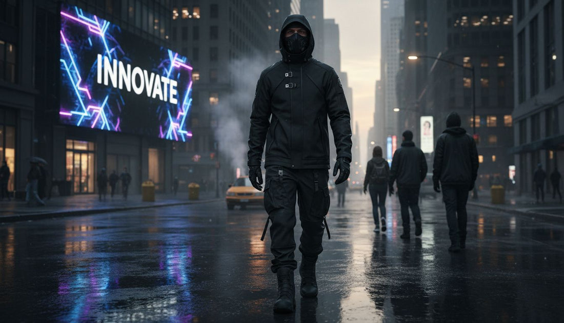 Techwear fashion in futuristic city street