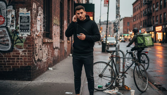 Person wearing tech streetwear on lively city sidewalk
