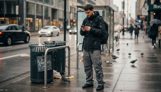 Man in techwear standing city sidewalk