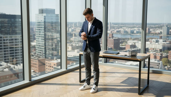 Man styling smart clothing in tech office