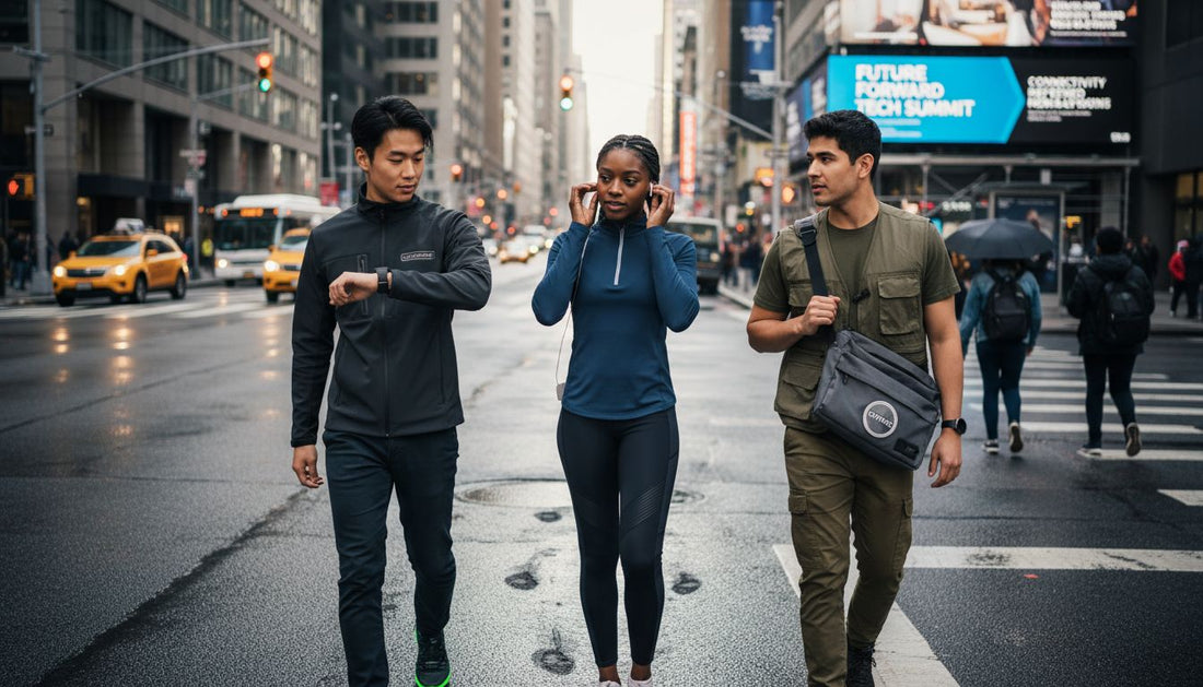 Young adults wearing tech-infused clothing on city street