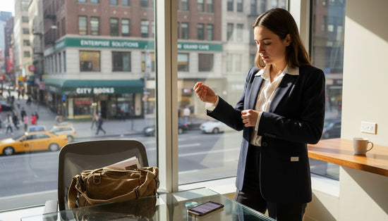Office worker adjusting smart tech blazer