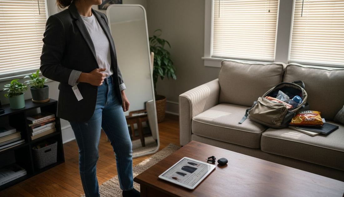 Woman choosing smart jacket in sunlit apartment