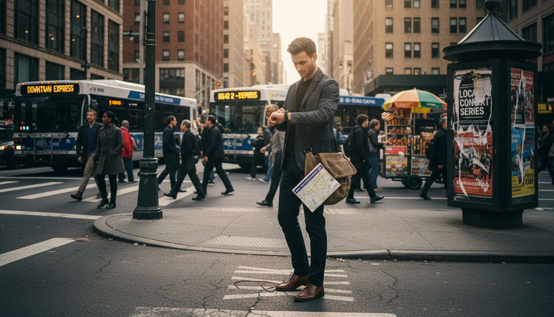 Young man wearing smart jacket on city street