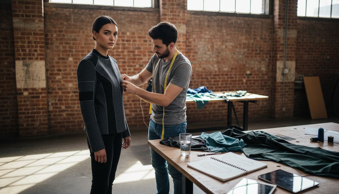 Designer adjusting smart jacket in studio