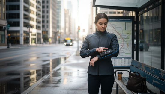 Professional wearing tech jacket at urban bus stop