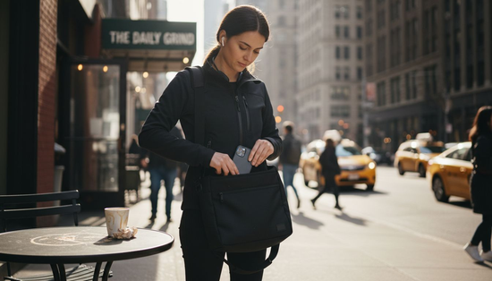 Stylish professional using RFID wallet in city