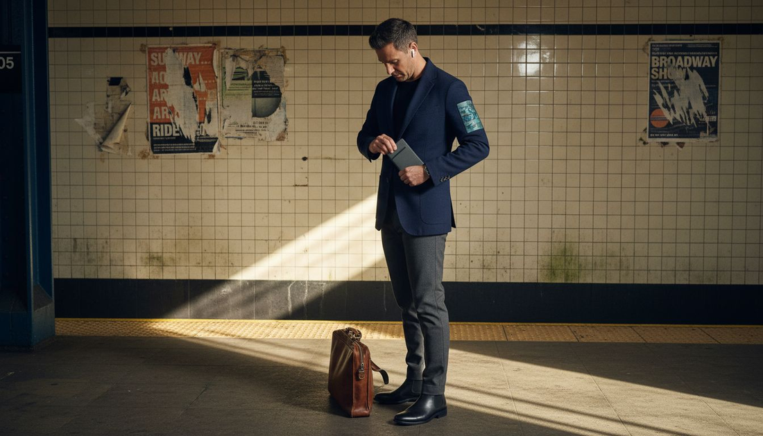Tech-savvy adult wears smart fashion on subway platform