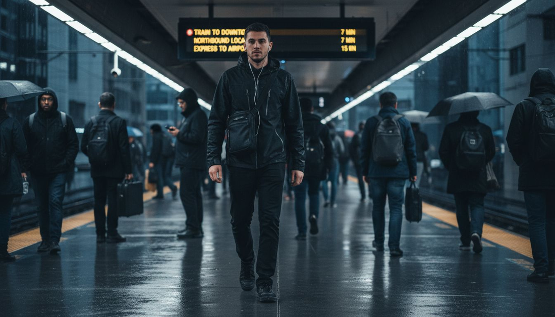 Urban commuter in techwear at metro station