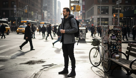 Urban man in techwear waiting at crosswalk