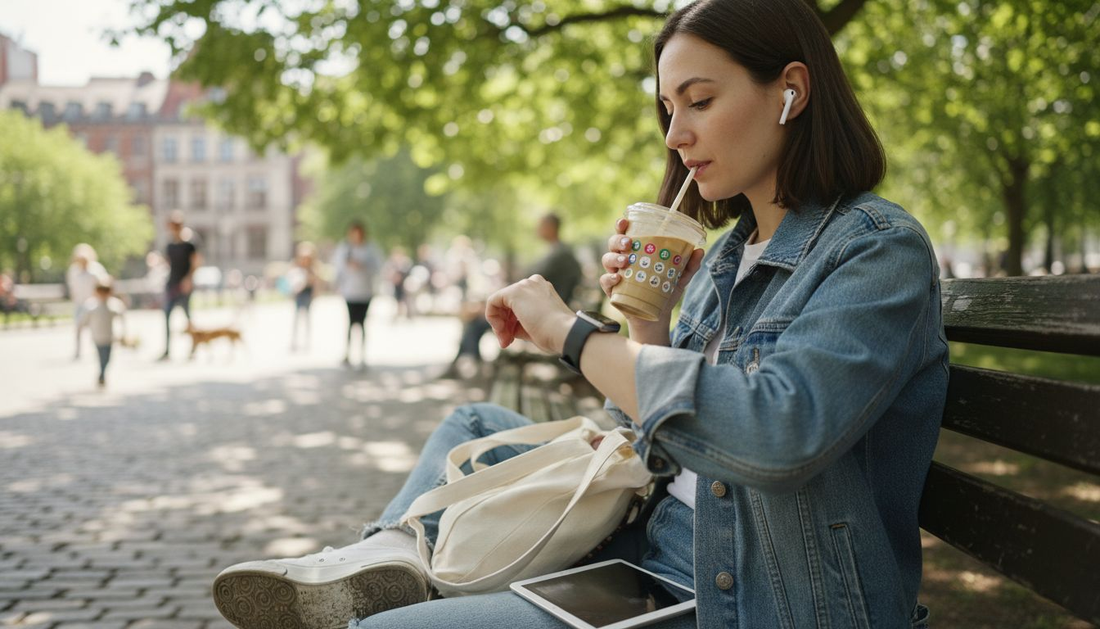 Woman with wearable tech in city park