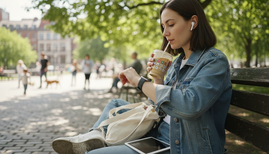 Woman with wearable tech in city park