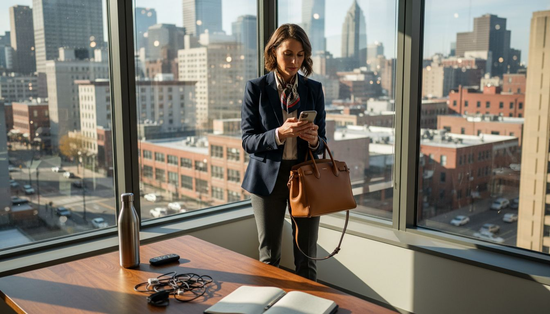 Professional checking RFID handbag in office