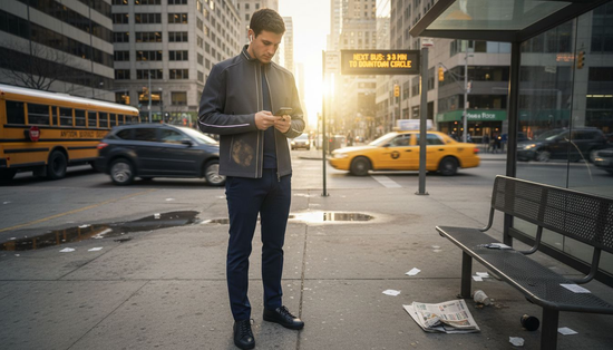 Urban commuter wearing smart tech clothing