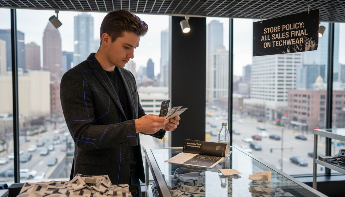 Smart buyer compares tech jacket at retail display
