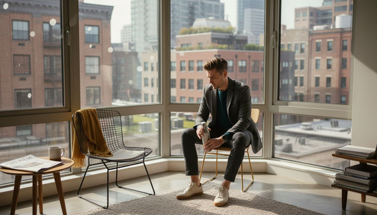 Urban professional wearing sustainable fashion in apartment