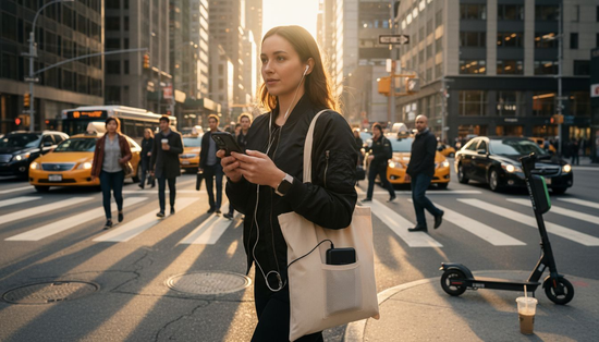Urban professional in tech-enabled fashion crossing street