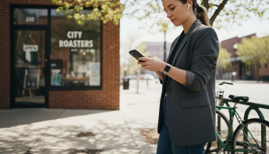 Woman checking smart bracelet at bus stop