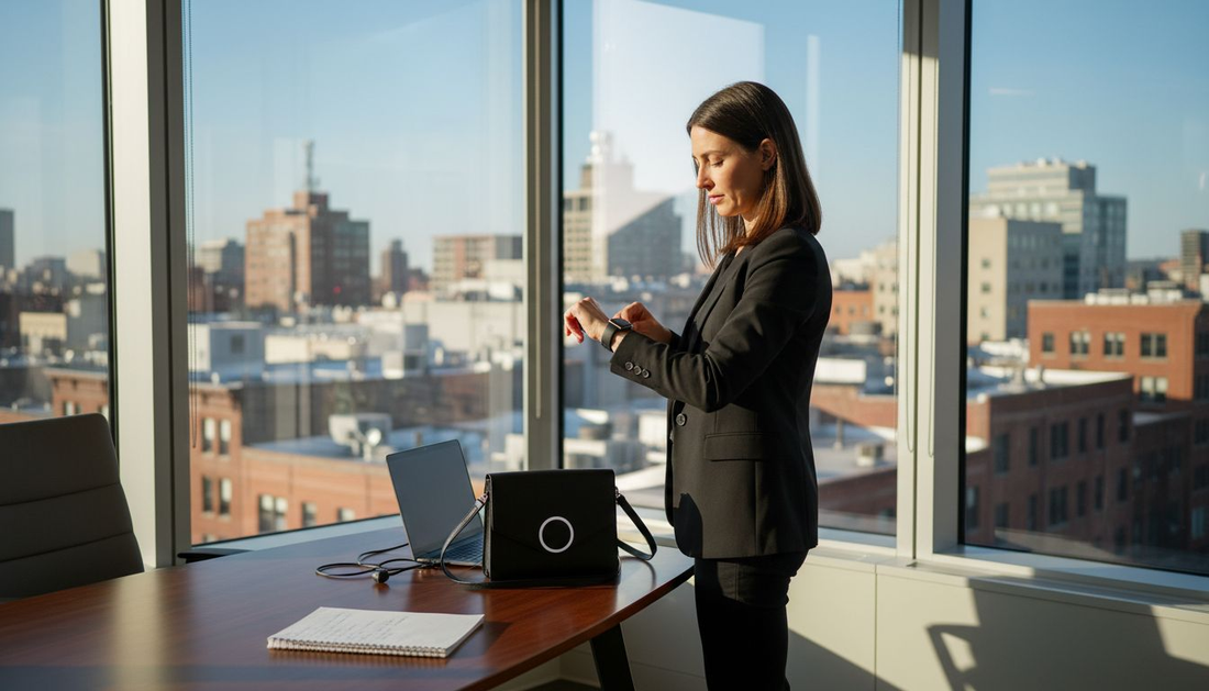 Woman styles wearable tech in office