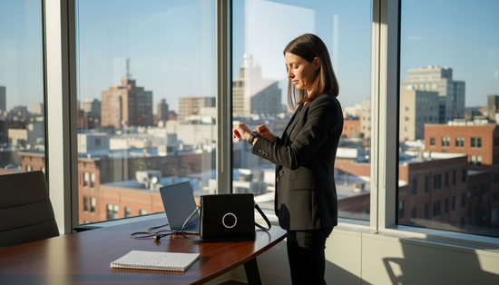 Woman styles wearable tech in office