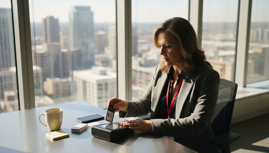 Security analyst using RFID badge in office