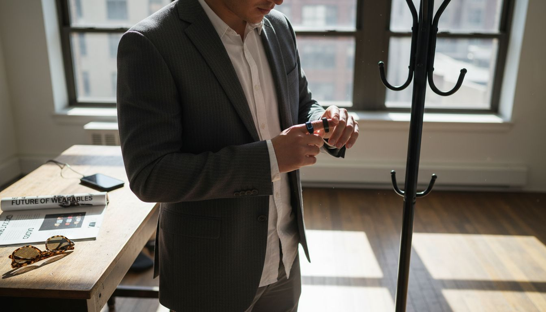 Person wearing smart ring and tech-fashion