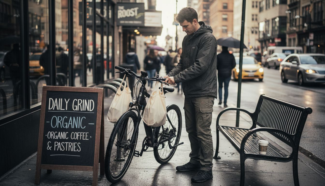 Man parking e-bike in sustainable techwear on city street