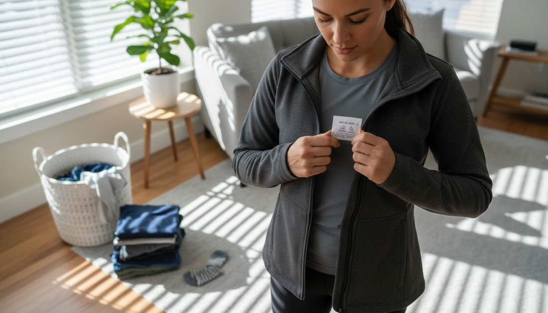 Person checking tech jacket care instructions