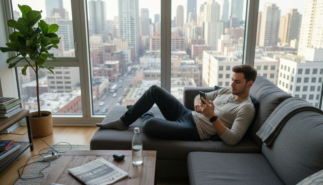 Man using tech devices in city apartment