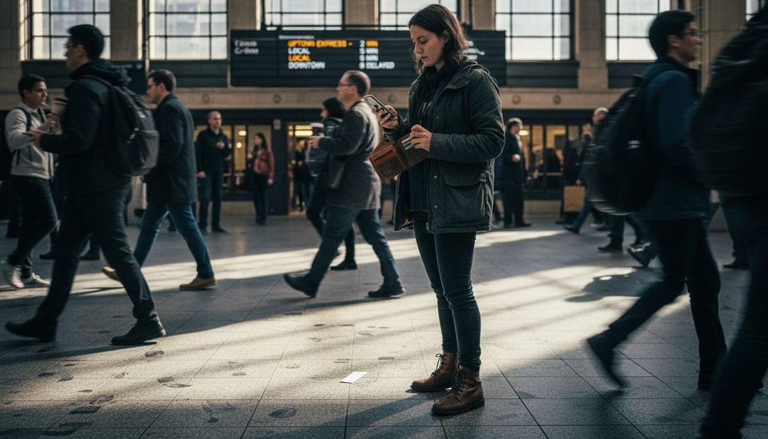Commuter using RFID wallet in subway