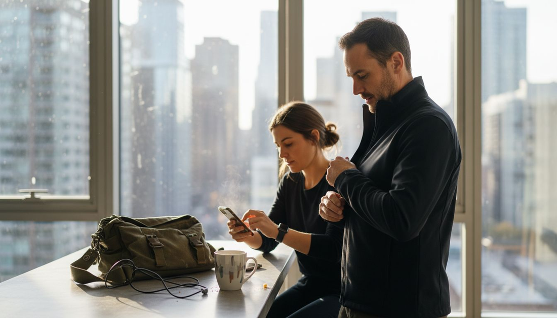 Man and woman preparing tech-fashion outfits