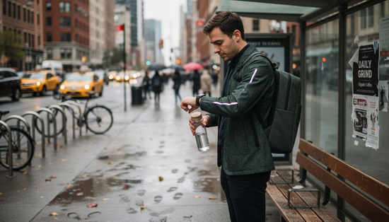Urban professional at bus stop in tech-wear
