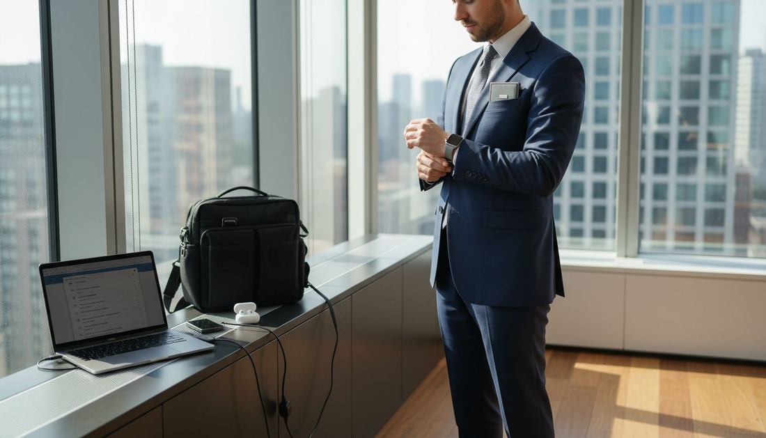 Professional man adjusts smartwatch in sunlit office