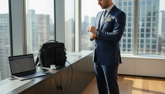 Professional man adjusts smartwatch in sunlit office