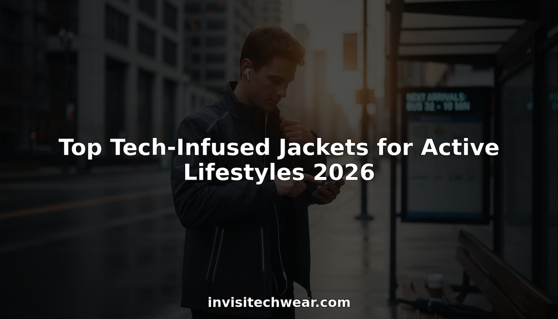 Young man wearing tech jacket at city bus stop