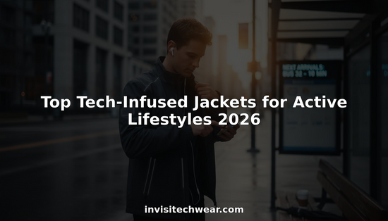 Young man wearing tech jacket at city bus stop