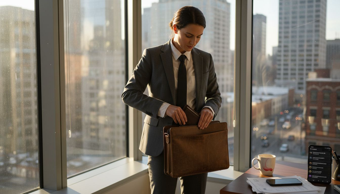 Professional retrieving RFID wallet near sunny office desk
