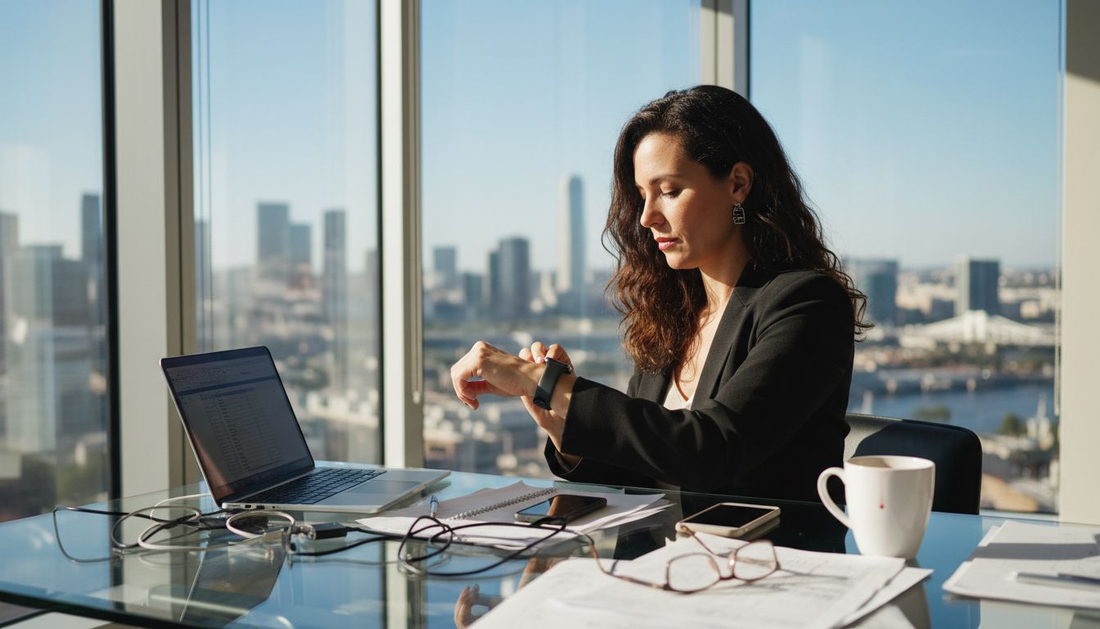 Woman adjusting smartwatch in corner office