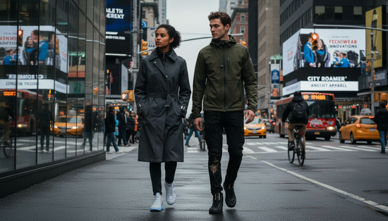 People wearing tech-infused outfits on busy city street