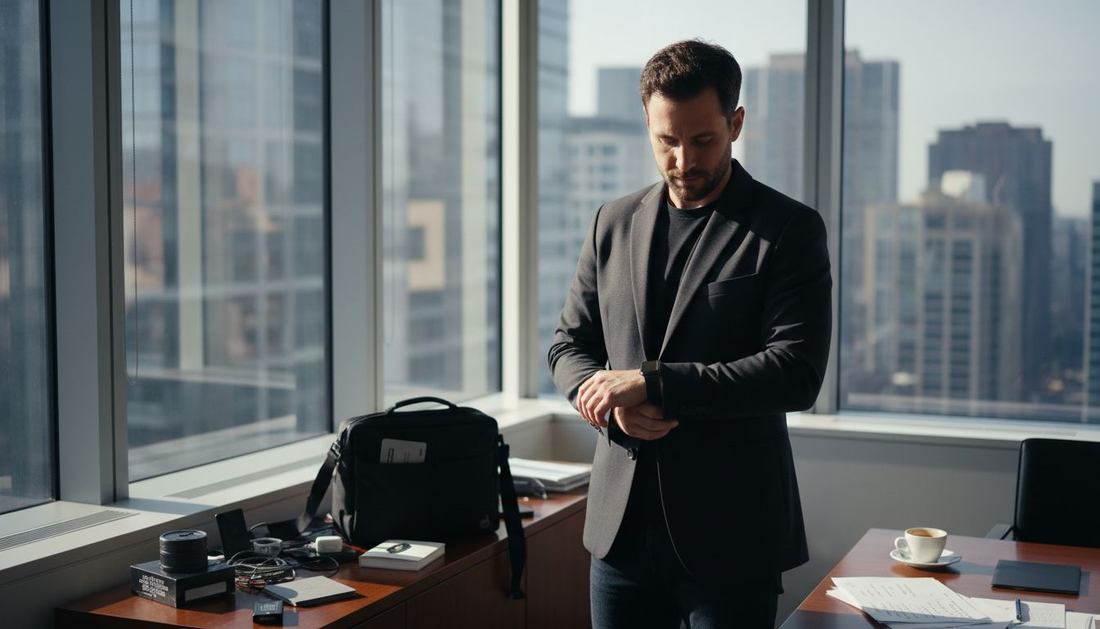 Professional wearing techwear in corner office environment