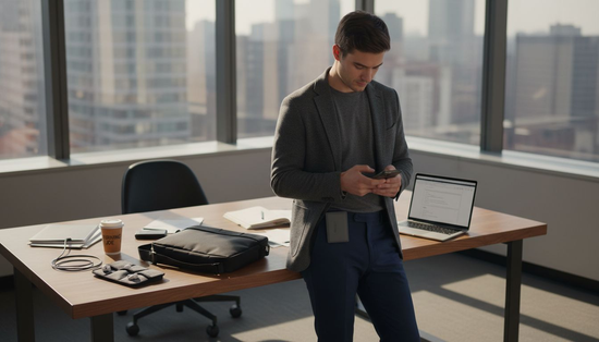 Urban man with smart fashion accessories in office