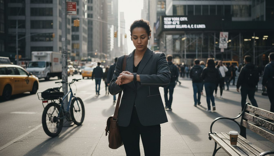 Urban professional using fashion tech outdoors