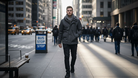 Urban commuter in practical tech wear outfit