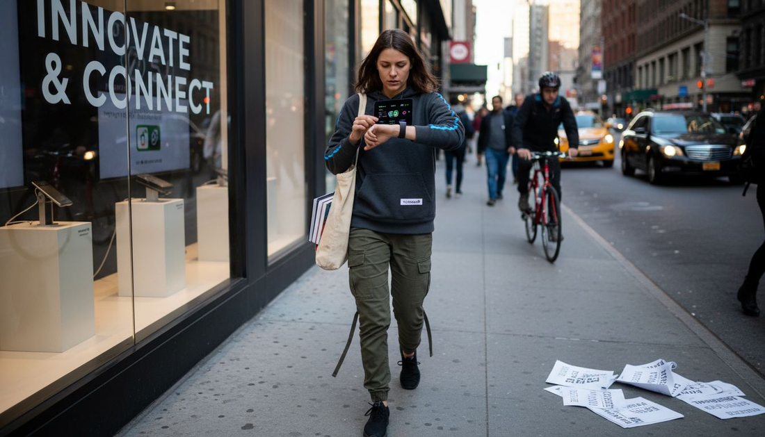 Woman in smart hoodie on city street