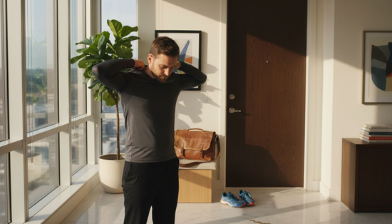 Man putting on smart shirt in apartment