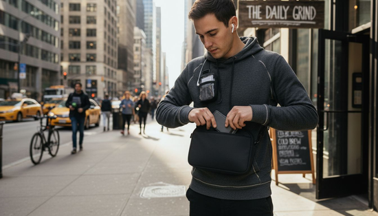 Urban professional with secure fashion accessories downtown