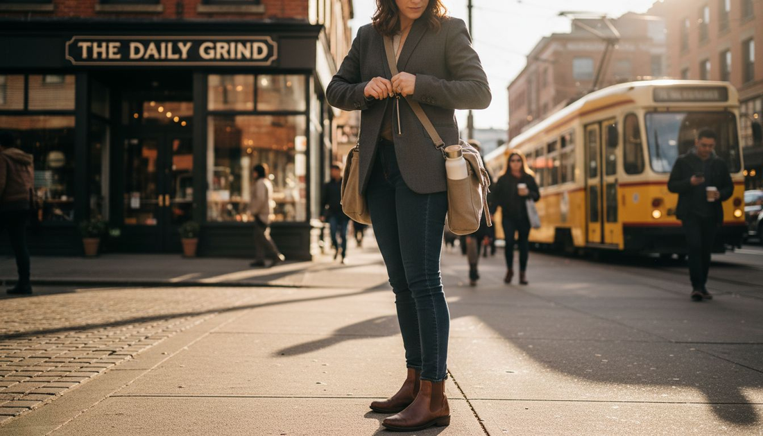 Young woman fastening anti-theft blazer pocket