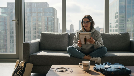 Woman using wearable tech at home in 2025