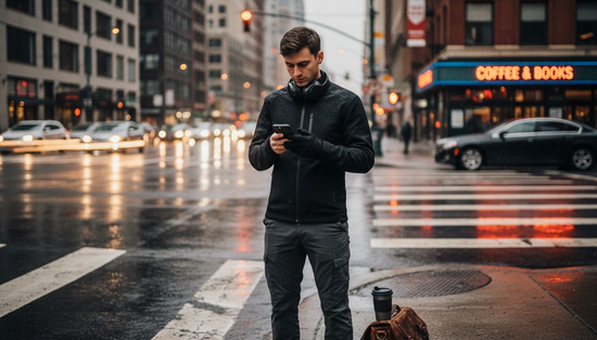 Urban streetwear with seamless techwear in rain